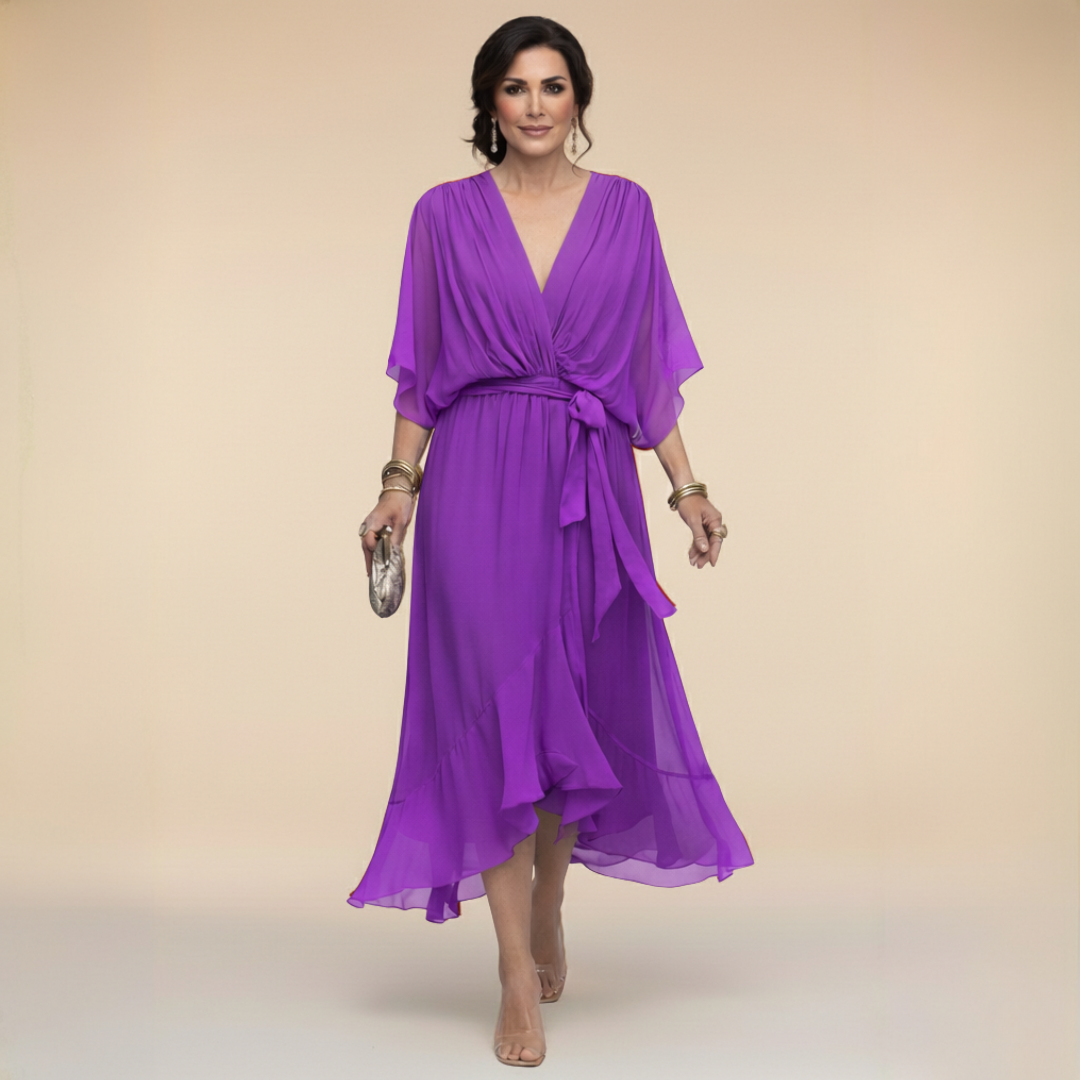 ISLA | Flutter-Sleeve Chiffon V-Neck Dress
