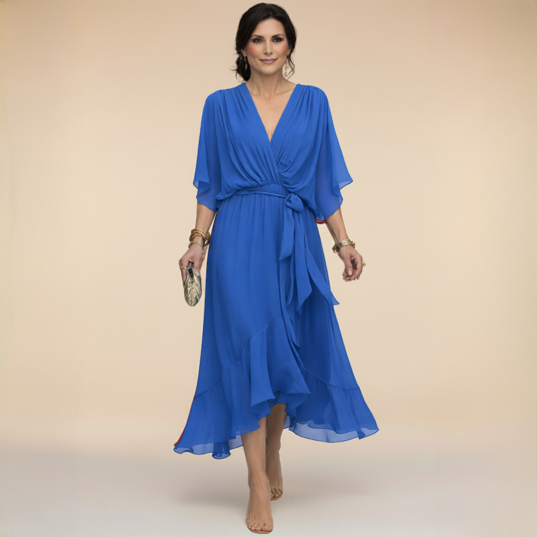 ISLA | Flutter-Sleeve Chiffon V-Neck Dress