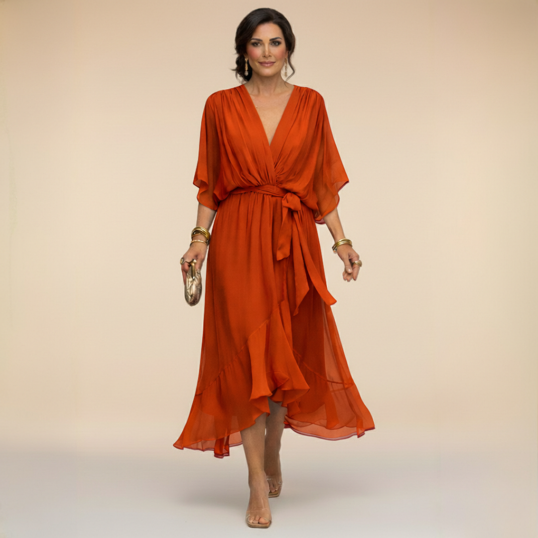 ISLA | Flutter-Sleeve Chiffon V-Neck Dress