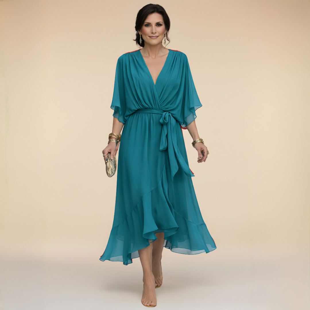 ISLA | Flutter-Sleeve Chiffon V-Neck Dress