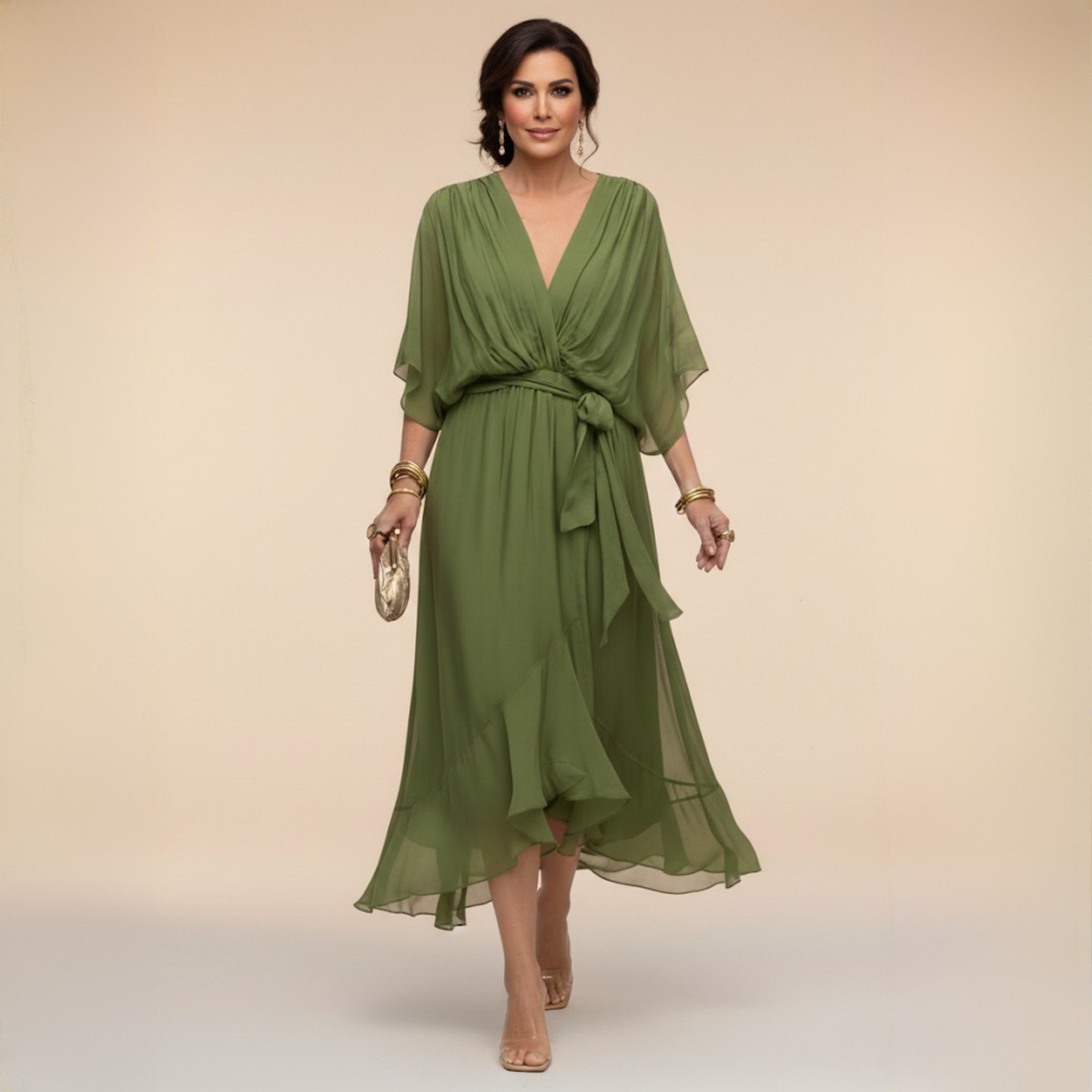ISLA | Flutter-Sleeve Chiffon V-Neck Dress