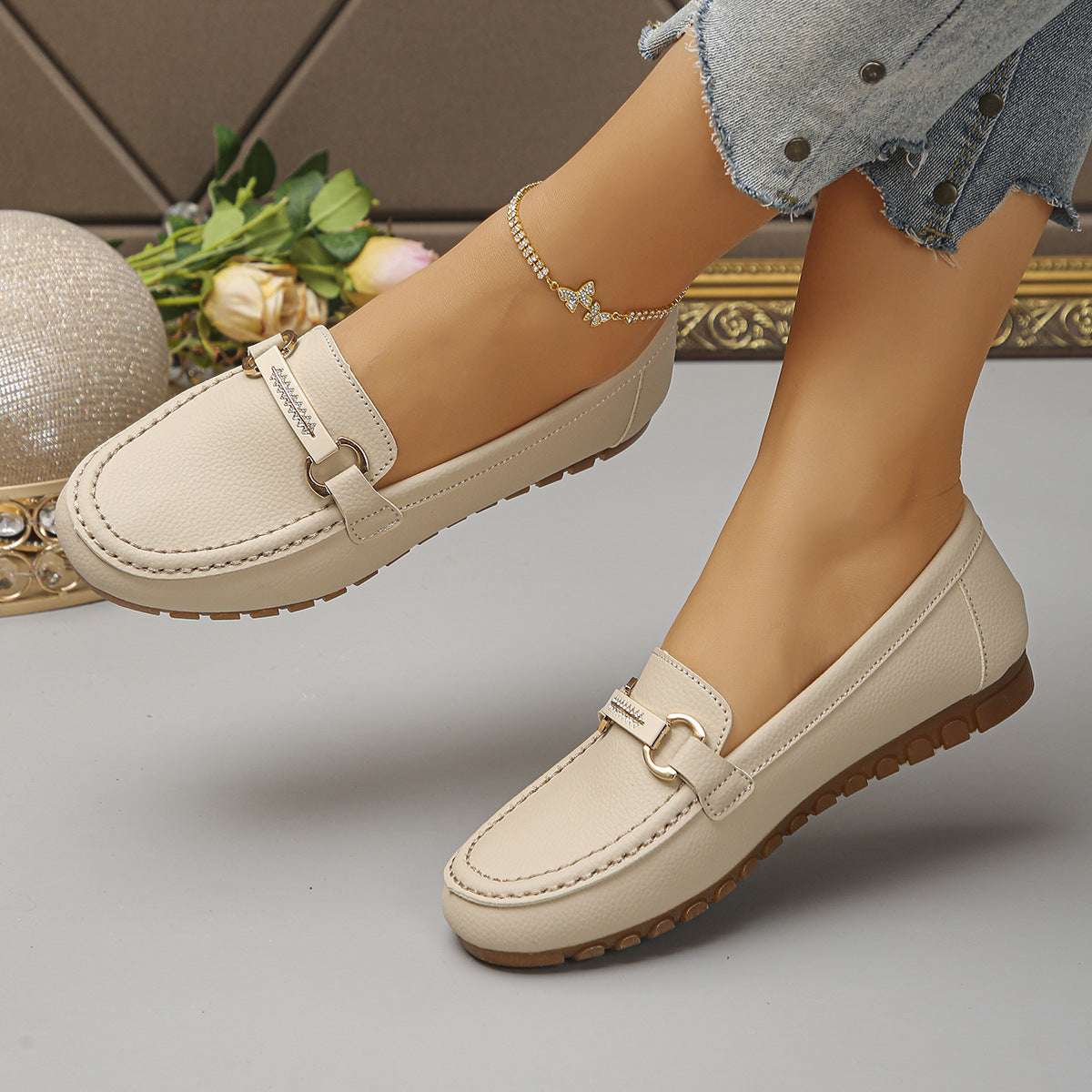 Kensington Elegant White Loafers with Diamante Detail