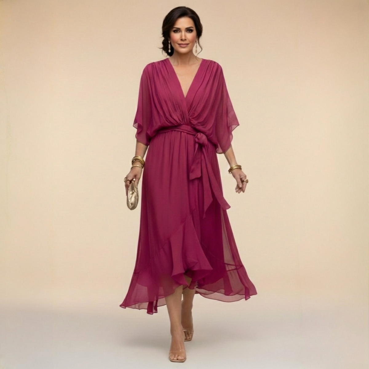 ISLA | Flutter-Sleeve Chiffon V-Neck Dress
