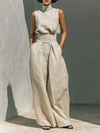 Maria - Women's Minimalist Cotton and Linen Tank Top & Wide-Leg Pants Set
