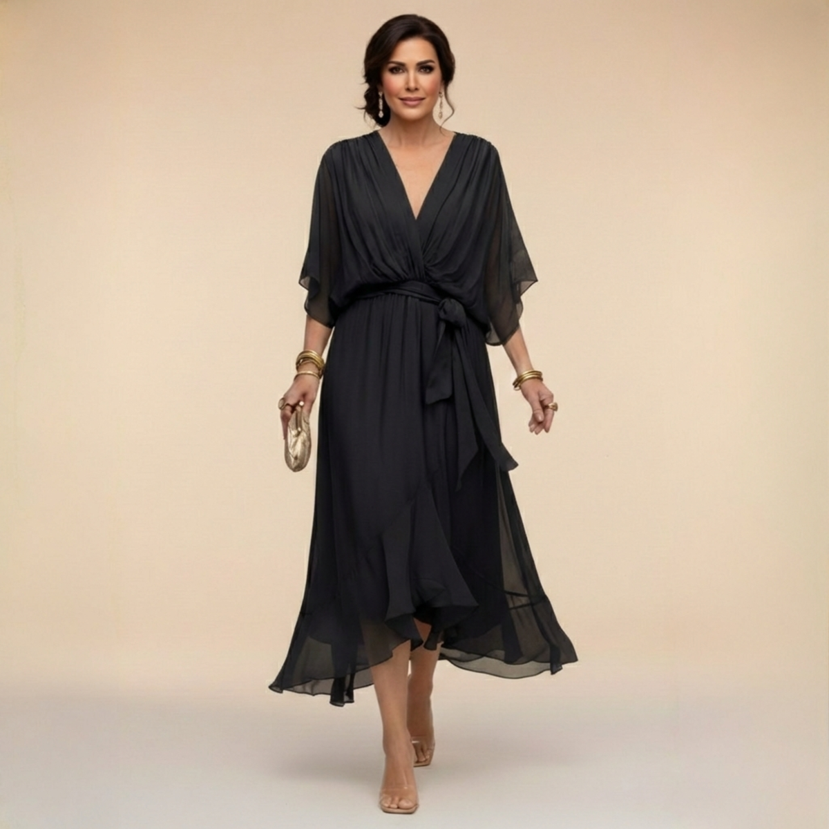 ISLA | Flutter-Sleeve Chiffon V-Neck Dress