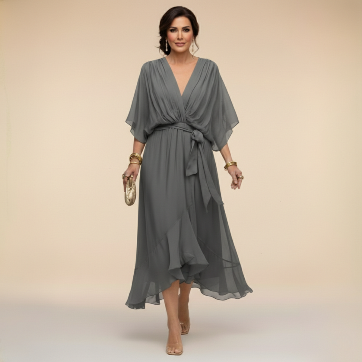 ISLA | Flutter-Sleeve Chiffon V-Neck Dress