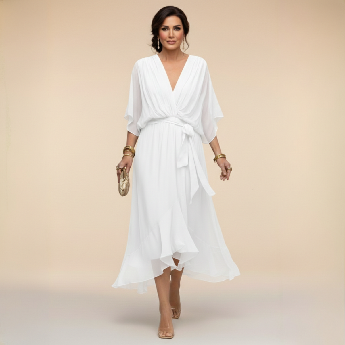 ISLA | Flutter-Sleeve Chiffon V-Neck Dress