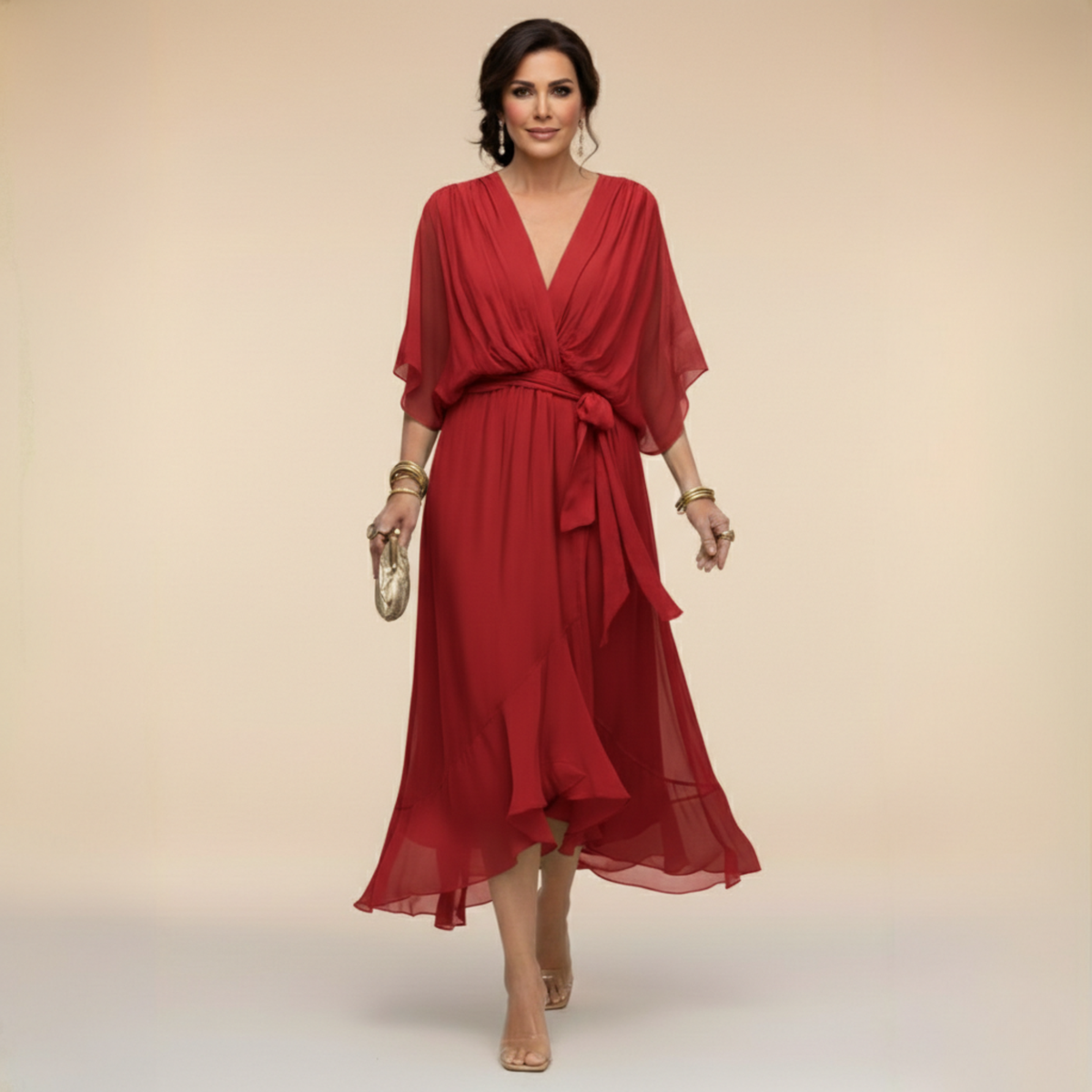ISLA | Flutter-Sleeve Chiffon V-Neck Dress