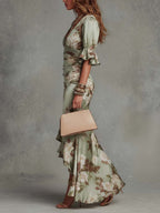 Anastasia | Asymmetrical Long Green Satin Dress