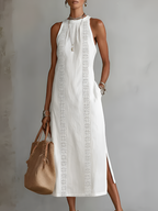 Jimena | Cotton Linen Midi Dress With a Mandarin Collar