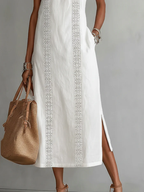 Jimena | Cotton Linen Midi Dress With a Mandarin Collar
